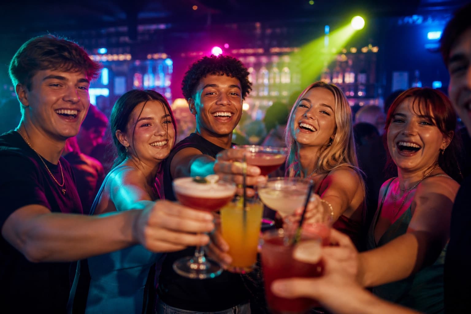 Freshers students cheering with cocktails under neon bar lights